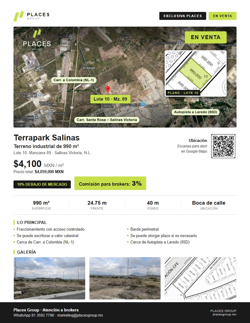 Ficha del terreno industrial de 990 m² en Salinas Victoria